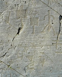 Préhistoire, civilisation camunienne, art rupestre : gravure de scènes de chasse au cerf et de la vie quotidienne dans un village