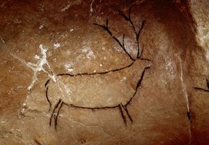 Préhistoire : un cerf. Peinture rupestre paléolithique supérieur (Magdalénien) (16 500 à 14 000 ans). Âge de pierre. Grotte de Las Chimeneas, Monte Castillo, Espagne