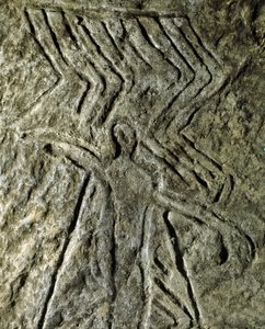Préhistoire, art rupestre : pétroglyphe (graffiti sur pierre) représentant une figure humaine. Néolithique, Âge de pierre. (Azerbaïdjan) Âge du bronze. Bakou, Musée national d