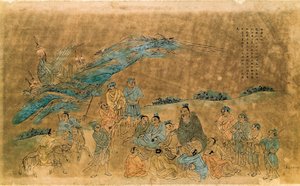 Le philosophe chinois Confucius (Kong Fu Zi) (551-479 av. J.-C.) entouré de ses disciples - Qing Dynasty Chinese School