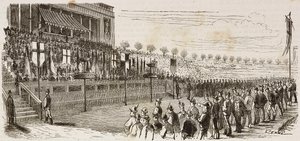 Remise des prix aux gagnants du concours national de tir à Milan, Italie, gravure de Quinto Cenni de L