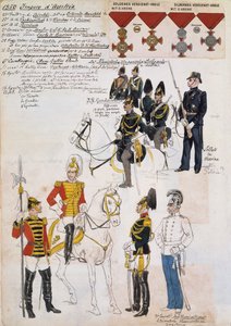 Gendarmes, soldats de marine et officiers du 3e régiment de cavalerie archiduc Maximilien, uniformes de l