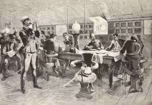 Officiers italiens dans la cabine du navire Gottardo, expédition italienne en mer Rouge (gravure) - Quinto Cenni