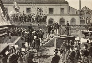 Soldats italiens embarquant sur le navire Washington, Naples, Italie, troisième expédition italienne en mer Rouge, gravure d