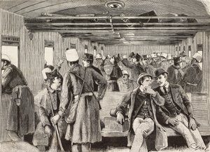 Soldats italiens en train pour Naples, Italie, deuxième expédition italienne en mer Rouge, gravure d