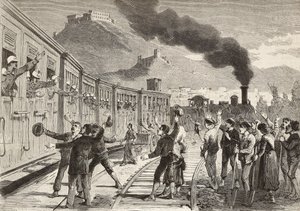Hommes et femmes disant au revoir aux soldats italiens partant de la gare de Cassino, Italie, gravure d