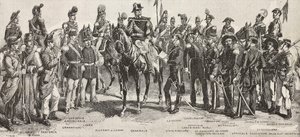 Armée piémontaise en 1859 : fantassins, artilleurs, ingénieurs, grenadiers, officiers, généraux, lanciers, cavaliers, tireur, gravure d