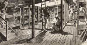 Soldats sous le pont dans le dortoir, navire Principe Amedeo, expédition italienne en mer Rouge, Italie (gravure)