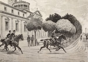 Soldats à cheval passant devant le sanctuaire de la Beata Vergine dei Miracoli, Saronno, Italie, gravure d