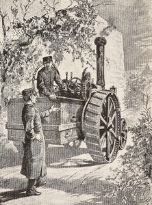 Deux ingénieurs militaires italiens sur une locomotive routière, dans leurs nouveaux uniformes, gravure d