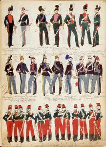 Divers uniformes italiens en usage vers 1860 par Quinto Cenni, planche en couleur