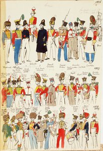 Divers uniformes, datant de 1826 à 1829. Planche en couleur par Cenni Quinto