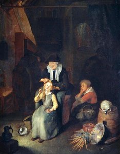 Intérieur de cottage avec une femme peignant les cheveux d