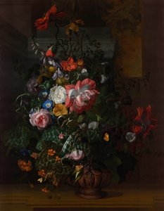 Roses, liserons, coquelicots et autres fleurs dans une urne sur un rebord de pierre - Rachel Ruysch