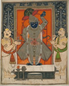 Prêtres adorant Krishna en tant que Shrinathji pour le festival de la Montagne de Nourriture [Annakuta utsava]; tenture de sanctuaire [pichhavai] - Rajasthan Kota school