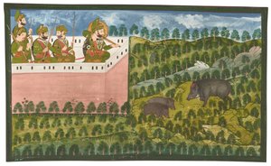 Peinture de Maharana Jawan Singh chassant le sanglier - Rajasthani School