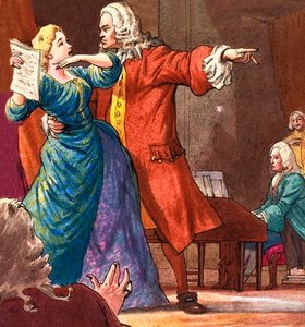 Haendel est montré cherchant à contrôler une chanteuse d