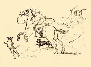 John Gilpin est poursuivi par des chiens alors que son cheval galope hors de contrôle, 1878, c1918 - Randolph Caldecott