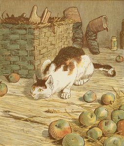 La maison que Jack a construite, comptine cumulative. Le chat qui a mangé le rat qui a mangé le malt. Illustration de Randolph Caldecott.