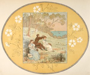 Deux femmes et un homme assis dans une clairière près de la côte. Bordure florale.