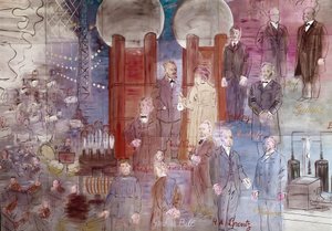 La Fee Electricite, détail : Portraits de Johann Wilhelm Hittorf, Heinrich Geissler, Henry Moseley, Pierre Curie, Marie Curie, Dmitrij Mendelee, Thomas Edison et Graham Bell. 1937 (peinture)