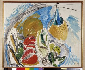 Nature morte de fruits, legumes et bouteille de vin sur une table - Raoul Dufy
