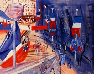 The Street Awash with American Banners ; La rue Pavoisee a la Banniere Americaine, c.1930 (huile sur carton dur bradé) - Raoul Dufy