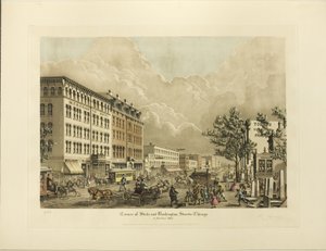 Coin des rues State et Washington, Chicago, en 1865