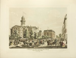 Coin nord-ouest de LaSalle et Randolph, Chicago, montrant la place du palais de justice en 1864 - Raoul Varin
