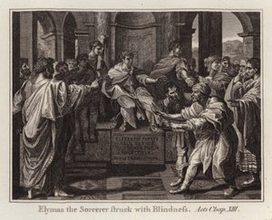 Carton de Raphaël : Elymas le Sorcier frappé de cécité, Actes, Chap XIII (gravure) - after Raphael