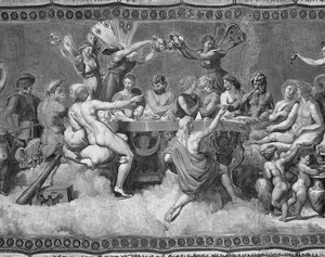 Le Banquet des dieux, peinture de plafond de la Cour et Mariage de Cupidon et Psyché (fresque) (photo n/b) (détail)