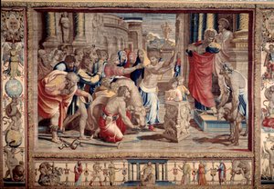 Le Sacrifice à Lystra - Vie des apôtres Pierre et Paul : Saint Paul rejetant les honneurs divins, après avoir guéri un invalide, les habitants le prennent pour un dieu et veulent faire des sacrifices - Tapisserie d