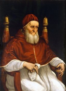 Portrait du Pape Jules II (1503-1513). Peinture de Raphaël (Raffaello Sanzio). Florence, Musée des Offices. - Raphael