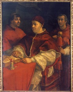 Portrait du Pape Léon X (1475-1521), fils de Laurent de Médicis (1449 - 1492) (Laurent le Magnifique : Lorenzo il Magnifico) entouré des cardinaux Luigi de 