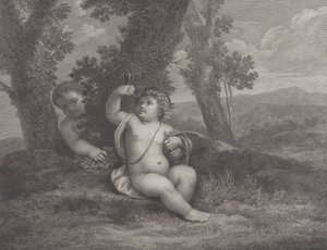 Le jeune Bacchus assis sous un arbre, levant un verre de vin, avec un autre enfant derrière, 1780 - Raphael Morghen
