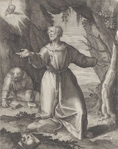 Saint François agenouillé les bras étendus, regardant vers un chérubin en haut à gauche, 1599 - Raphael Sadeler