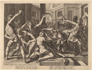 Dalila coupant les cheveux de Samson - Raphael Sadeler I after Joos van Winghe