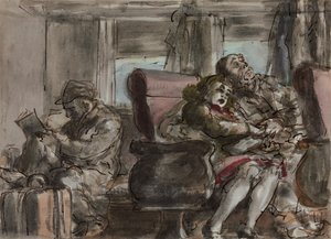 Passagers dans un wagon de train (aquarelle, encre et crayon sur papier)