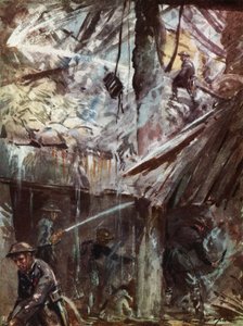 Pompiers du Service national des incendies britannique en temps de guerre éteignant un incendie après un raid aérien pendant le Blitz, Seconde Guerre mondiale - Reginald Mills