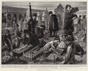 Jour de la Toussaint dans un cimetière italien, décoration des tombes (litho)