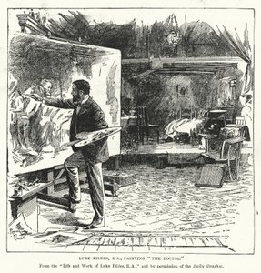Luke Fildes, RA, peignant le Docteur (lithographie)