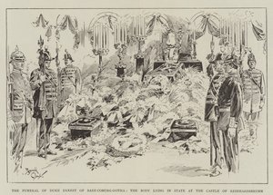 Les funérailles du duc Ernest de Saxe-Cobourg-Gotha, le corps reposant au château de Reinhardsbrunn (gravure) - Reginald Thomas Cleaver
