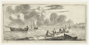 Ligne de côte avec des hommes pêchant en eau peu profonde - Reinier Nooms