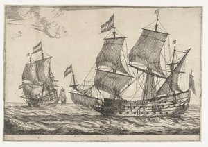 Deux grands navires de guerre (Treize scènes avec des navires) - Reinier Nooms