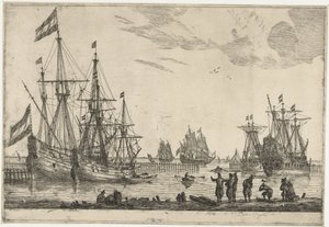 Quatre voiliers derrière une jetée (Treize scènes avec des navires) - Reinier Nooms
