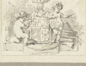 Deux putti, avec compas et caducée, près des armoiries de Schoemaker - Reinier Vinkeles (I)