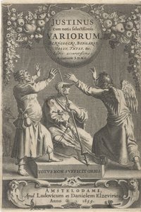Minerva et deux figures enchaînées, page de titre pour : A. Thysius, Justinus cum notis selectissimis variorum Berneggerj, Bongarsy, Vossy, Thysy, etc., 1659