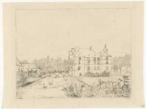 Vue latérale du château de Cannenburch avec maisons près du pont d