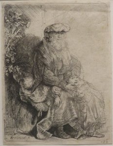Abraham caressant Isaac", gravure de Rembrandt, Honolulu Museum of Art