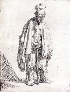 Mendiant avec un grand chapeau debout - Rembrandt Harmensz. van Rijn